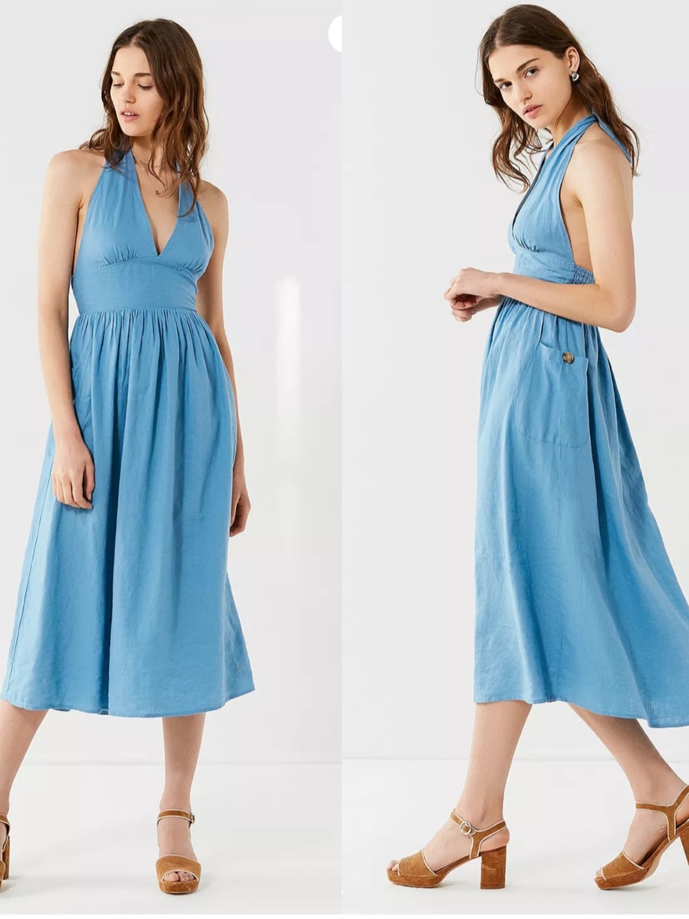 Urban Outfitters Betsey Linen Halter Midi Dress- Blue